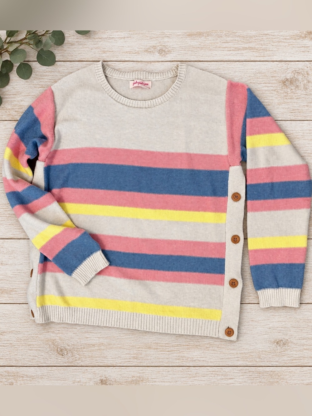 Fresh Produce Striped Knit Sweater XL Crewneck 100% Cotton Side Buttons Pastel